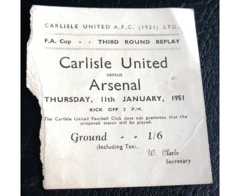 1950-51 CARLISLE UNITED V ARSENAL FA CUP REPLAY TICKET
11 January 1951 FA Cup replay match Ticket&nbsp;