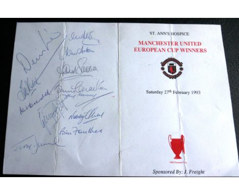 MANCHESTER UNITED MENU FULLY SIGNED BY THE 1968 EUROPEAN CUP WINNERS TEAM
St Annes Hospice dated 27-2-93 menu fully signed by