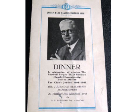 1948 QUEENS PARK RANGERS LEAGUE CHAMPIONS MULTI SIGNED MENU
Clarendon Restaurant 6th August 1948, 1947-48 championship winnin