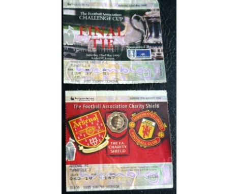 MANCHESTER UNITED 1998-99 TREBLE SEASON TICKETS X 2
FA Cup Final ticket 22nd May 1999 slight folds &amp; Charity shield 9th A