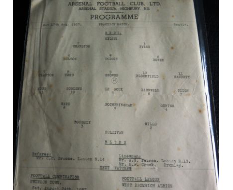 1957 ARSENAL REDS V BLUES PRACTICE MATCH - PLAYED 10TH AUGUST
Rare single sheet, slight folds &amp; slight marks