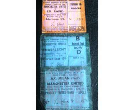 MANCHESTER UNITED EUROPEAN HOME TICKETS 1968-69
Anderlecht 13th Nov, SK Rapid 26th Feb, AC Milan TV beam back 23rd April&nbsp