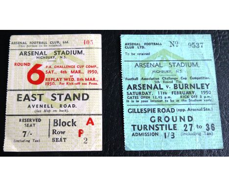 ARSENAL 1950 FA CUP HOME TICKETS V BURNLEY &amp; LEEDS
2 FA Cup match tickets for games at Highbury Arsenal v Burnley 5th rou