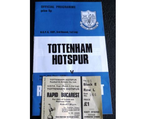 1971-72 TOTTENHAM HOTSPUR V RAPID BUCAREST UEFA CUP PROGRAMME &amp; TICKET
8th December 1971 ticket with slight folds