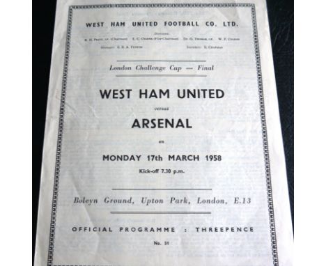 1957-58 WEST HAM UNITED V ARSENAL LONDON CHALLENGE CUP FINAL
17th March 1958, in good condition with very slight folds