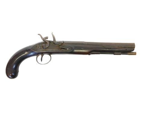 Flintlock 24 bore holster pistol, 9inch Spanish form barrel, the lock fitted with a roller frizzon and incorrect replacement 