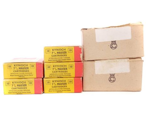 7mm Mauser ammunition, to include 50 rounds of Kynoch with 140 grain bullets, and 49 rounds of Belgian made ammunition mounte