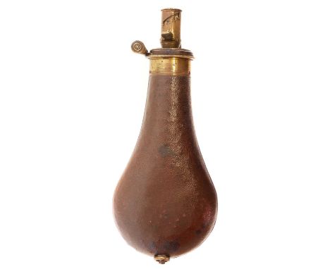 Brass powder flask with tipping measure, the rib stamped with a bee probably for Belgain maker Dresse-Laloux, with leather co