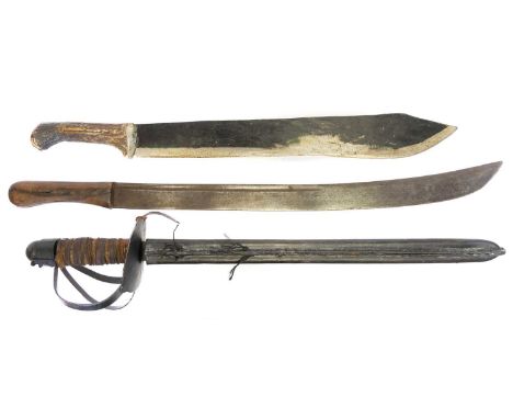 Two machettes, one with curved fullered blade stamped with a crown, the other with stag horn grip, also a modern hand made sh