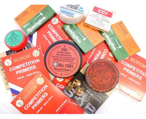 Collection of mixed primers, for large and small pistol and rifle, also some winged musket percussion caps and a vintage tin 