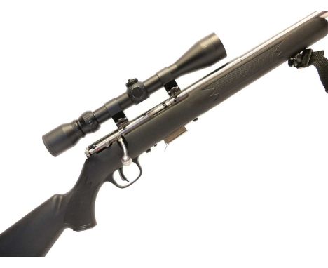 Savage model 93R17 .17 HMR bolt action rifle, serial number 0875550, 21 inch barrel, stainless steel with black synthetic sto