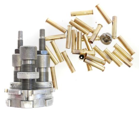 .300 Sherwood three die set, (lacking the decapping pin) also twenty five Bertram Brass cases. The dies have signs of wear fr