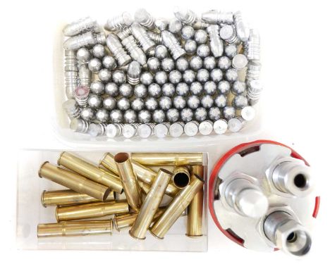 11.15x60R / .43 Mauser reloading tools and components, to include a two Lee dies and a .455 die, fourteen Bertram brass cases