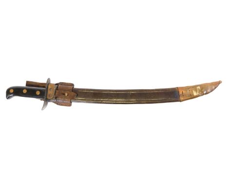 Dutch 1898 klewang short sword, curved fullered blade, in leather and brass scabbard with frog. Unmarked. THIS LOT CANNOT BE 