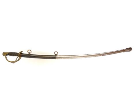 German model 1840 type heavy cavalry sabre and scabbard, 35inch fullered blade, wire bound grip, completely unmarked.THIS LOT