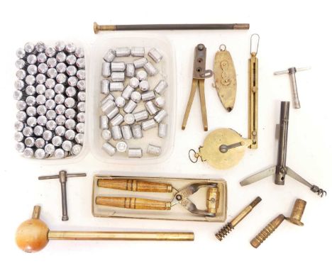 Collection of modern muzzle loader tools and components, to include three boxes of bullets, reproduction Enfield Sergeants to