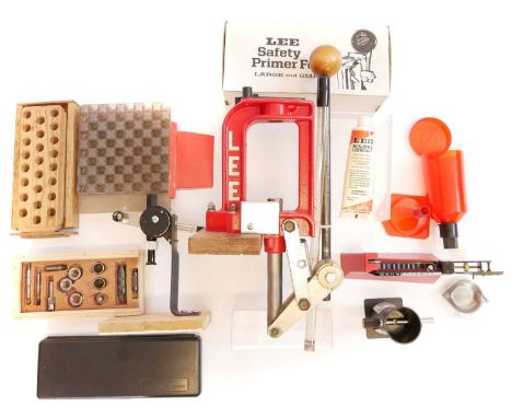 Lee reloading equipment, to include a single stage press, powder thrower and scales, powder trickler, case mouth tools, cartr