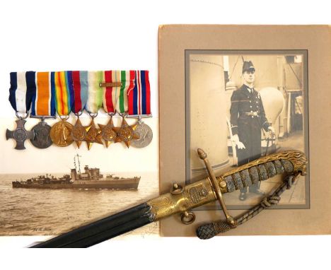 WWI / WWII D.S.C. medal set and 1856 pattern Dirk for Lieutenant Edward James Brown (b.1900), to include the Distinguished Se
