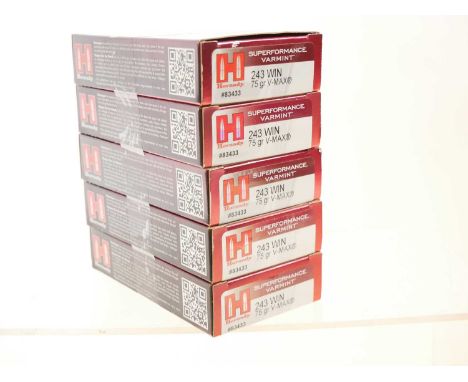 Hornady .243 Winchester ammunition, one hundred rounds, 75 grain V-Max bullets. UK FIREARMS LICENCE WITH CORRECT AMMUNITION O
