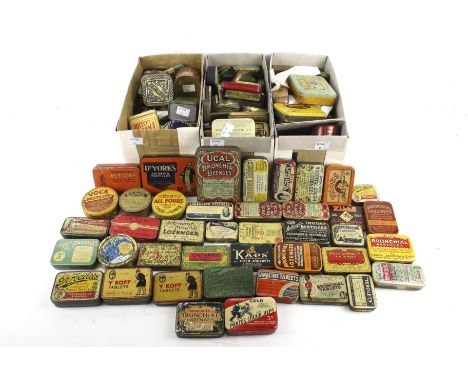 A collection of assorted small vintage product advertising tins. In four boxes including Himrod's Cure, Bile Beans, Hillaby's