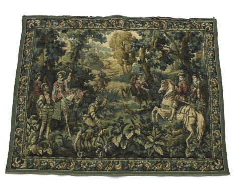 A vintage wall tapestry depicting a hunting scene. 104cm x 80cmujn Condition Report: Appears in a good condition
