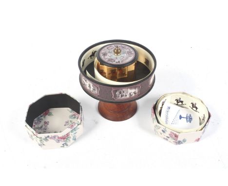 A vintage zoopraxiscope. Mounted on a wooden stand, including reels of animals, horse races, etc. H20.5cm