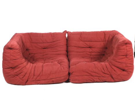 A Togo modula red sofa, Michel Ducary for Ligne Roset (1980's). Consisting of two 'corners', with woven red upholstery, H68cm