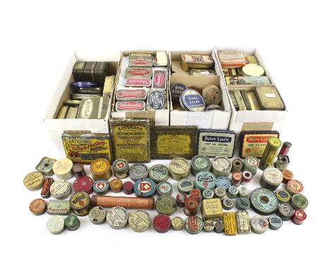 A collection of small vintage product advertising tins. In five boxes including Meloids, Dodd's Kidney Pills, etc. 