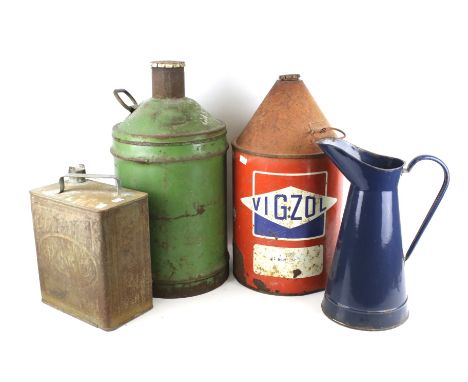 A collection of assorted vintage petroliana. Including an ESSO fuel can and a large enamel jug, etc. Max. H56cm