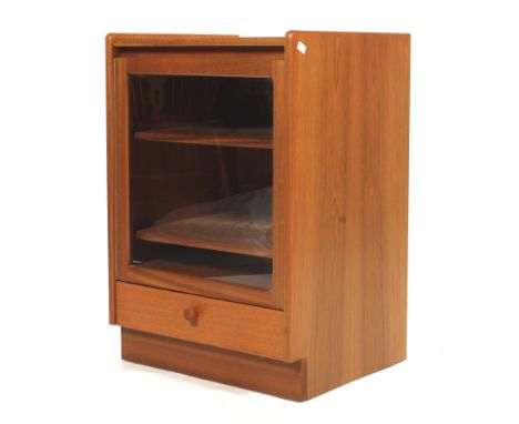 A vintage Nathan teak and glass front hi-fi storage unit. With a lift up top and a single drawer beneath. L51cm x D45cm x H75