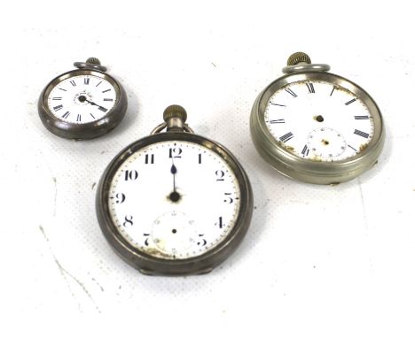 Three pocket watches. Comprising a silver cased example, the white enamel dial with Arabic numerals, a silver cased ladies fo