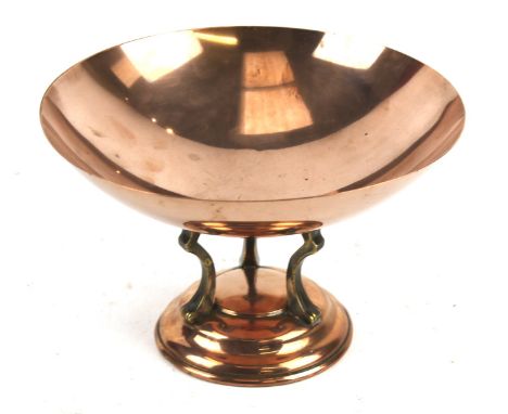 A vintage Linton Arts and Crafts copper centrepiece dish. On tripod brass support and copper base, H13cm