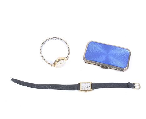 An early 20th century silver cigarette case and two lady's wrist/bracelet watches. The cigarette case with dark blue guilloch