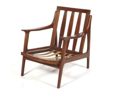 A Scandinavian Afromosia mid-century lounge open arm chair frame with pegged construction. L65cm x D66cm x H78cm Condition Re