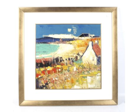 A print of 'beach and cottage', heightened with areas of paint. 49cm x 49cm, framed and glazed