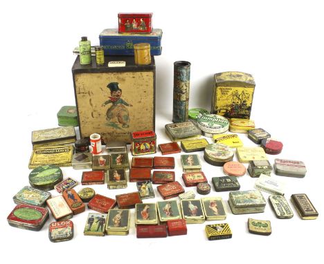 A collection of assorted vintage product advertising tins. Including Patchquick, Sulphur Ointment and MacDonald's Cut Golden 