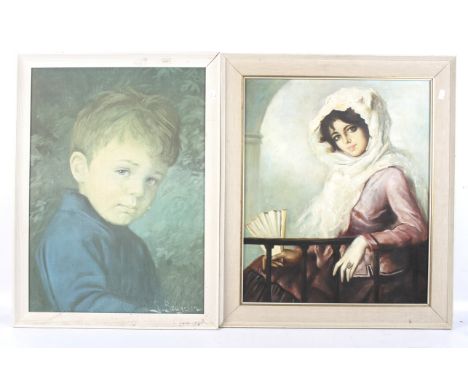 Two printed portraits. One of a child crying, 70cm x 50cm, the other of a young woman, that print heightened with paint, 63cm