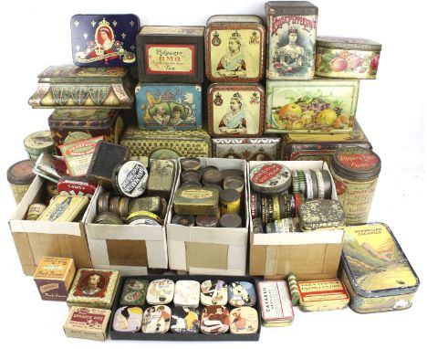 A collection of assorted vintage product advertising tins. Including Royal Peppermint, Gibson & Sons Ltd Chocolate Worm Cakes