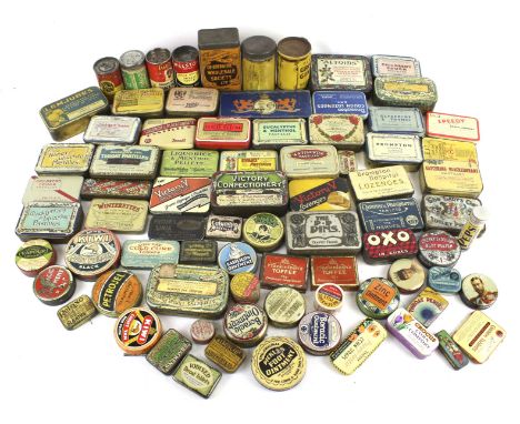 A collection of assorted small vintage product advertising tins. Including CWS Gravy Salt, Evan's Pastilles, etc. In two boxe