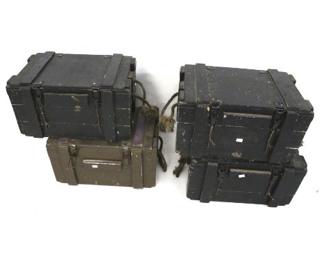 Four vintage ammo boxes. Painted black or brown with rope handles to either side, L53cm