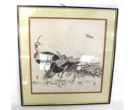 A Chinese print of peacocks on silk, two seals. Framed and glazed. 35cm x 37cm
