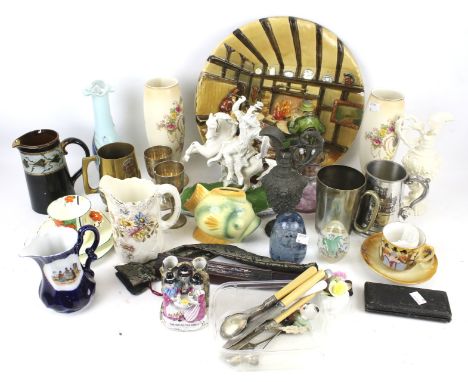 An assortment of vintage ceramics and glassware. Including a 'dump' paperweight, tankards, a pair of vases, etc.