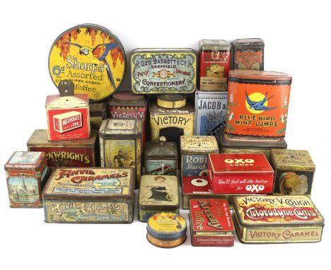 A collection of vintage tins. Including Victory Chlorodyne, Turnwright's Toffee De-light, etc.