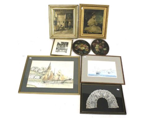 An assortment of pictures and prints. Including a pair of oval floral still lifes, H30cm, a signed limited edition print by D