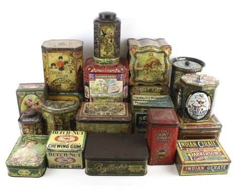 A collection of assorted vintage product tins. Including Bullock's, Indian Cerate, etc. 