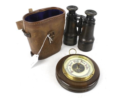 A pair of Lemaire Fabt, Paris binoculars and a barometer. The binoculars with a leather case, H14cm, the barometer mounted on