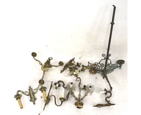 A collection of vintage wall and ceiling lights. Including a three branch chandelier with glass droplets, H45cm