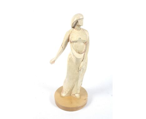 A John Higgins ceramic sculpture. 'Gala', 1997, modelled as a woman on a circular wooden base, H48cm