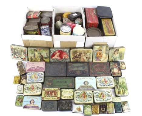 A collection of assorted small vintage product advertising tins. In four boxes, including Lyons' Custard, Cooperative Tea, et