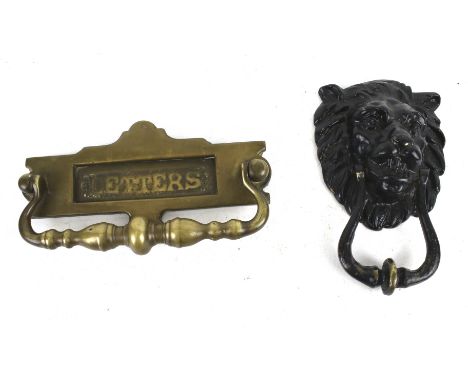 Two items of vintage brass door furniture. Comprising a lion mask door knocker and a 'Letters' box and knocker, 22cm long.